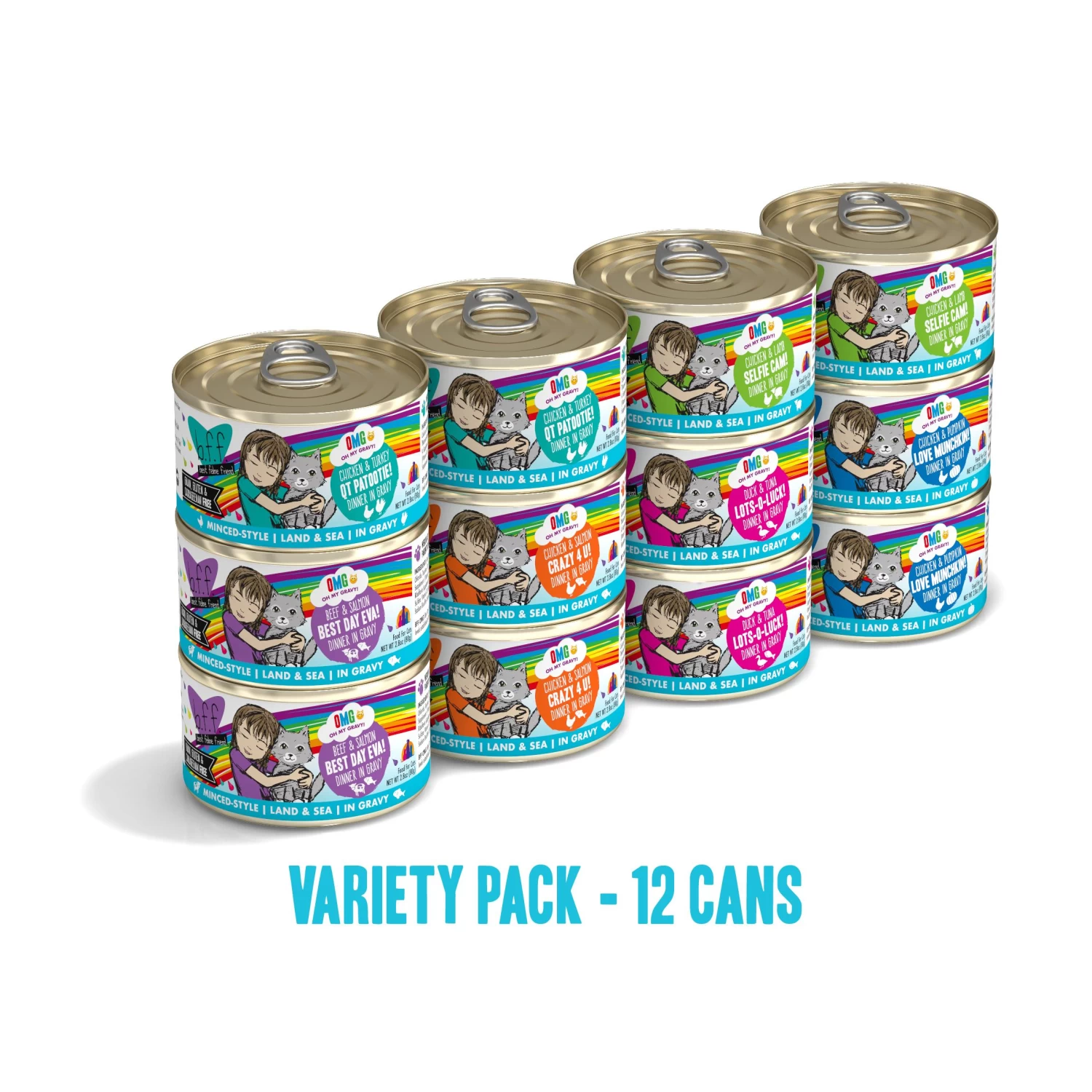 BFF Oh My Gravy! Rainbow Road Variety Pack Grain-Free Canned Cat Food, 2.8-oz, 12-pack (Size: 2.8-oz, 12-pack) - Image 3