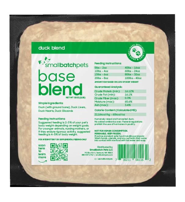 Small Batch Base Blend Duck Raw Frozen Dog & Cat Food, 2-lb (Size: 2-lb)